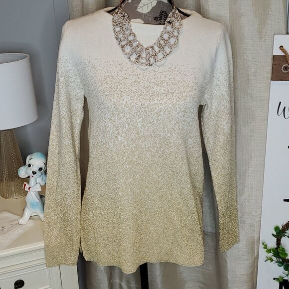 Liz Claiborne Cream and Gold Sparkle Sweater, Sz S, New! Festive & Fun - Picture 1 of 9